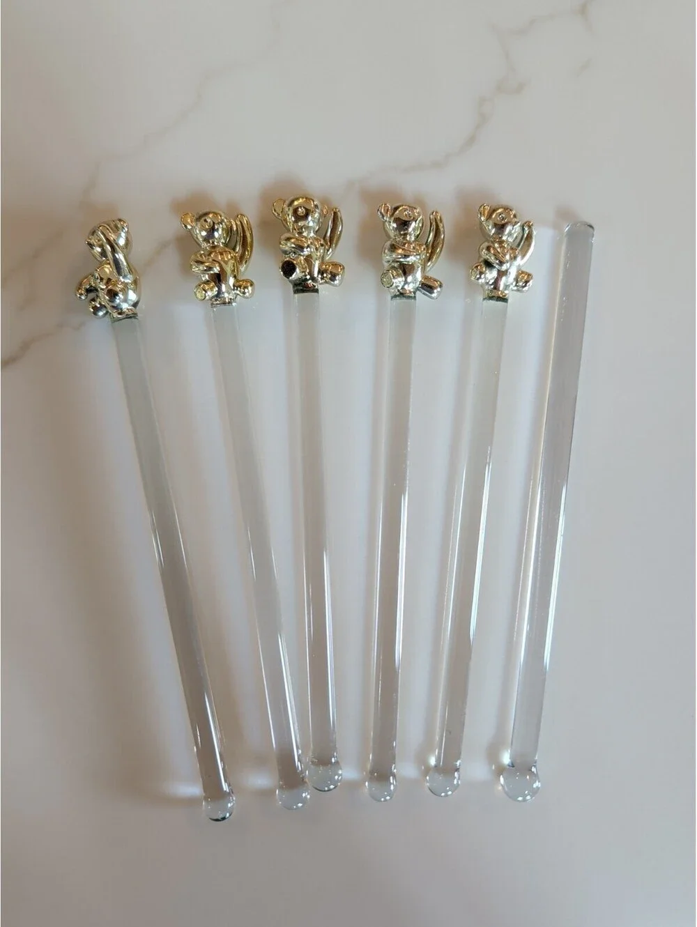 Vintage Culver Set Of 6 Gold Teddy Bear Glass Stir Sticks, Cocktail, Tea, 1980